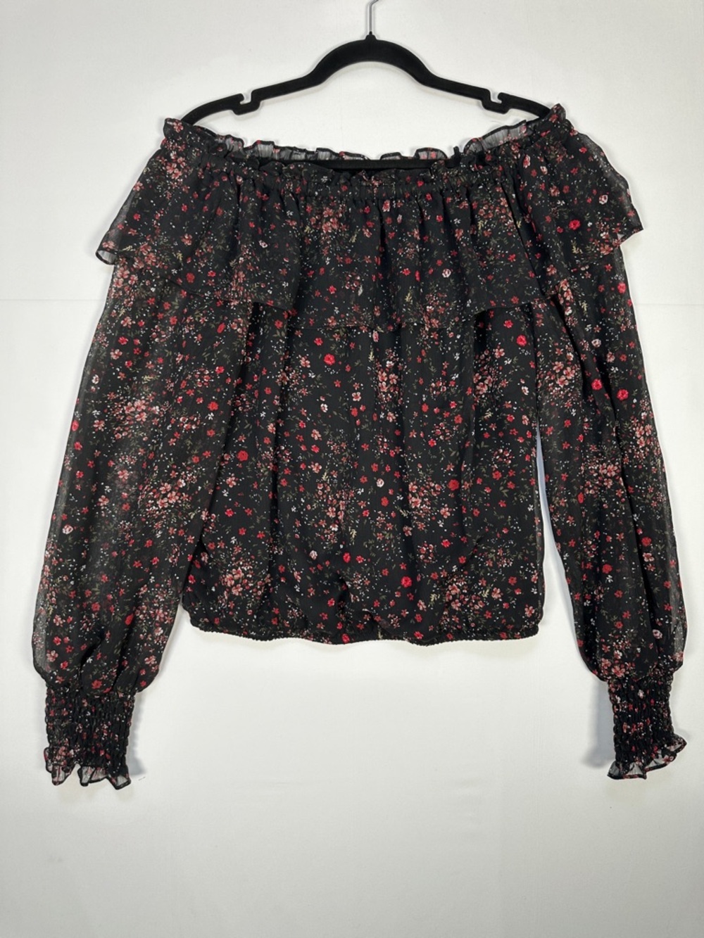 Autre Filles Off Shoulder Floral Blouse Sheer Ruffle Top Black Red Feminine L